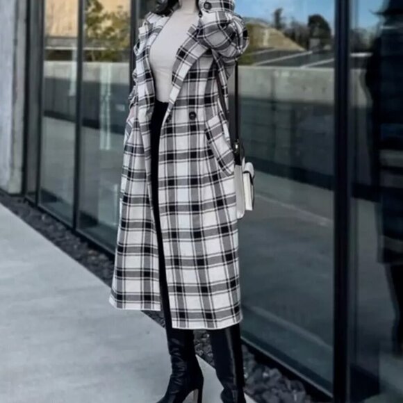 ZARA WOMEN PLAID KNIT COAT OVERSIZED CHECK DOUBLE BREASTED 6873/159 ECRU M NWT - Picture 1 of 9